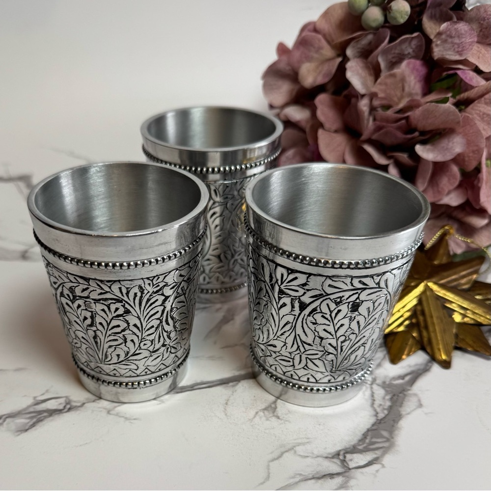 Pottery Barn Pewter Embossed Votive Candle Holders - vintage English cottage